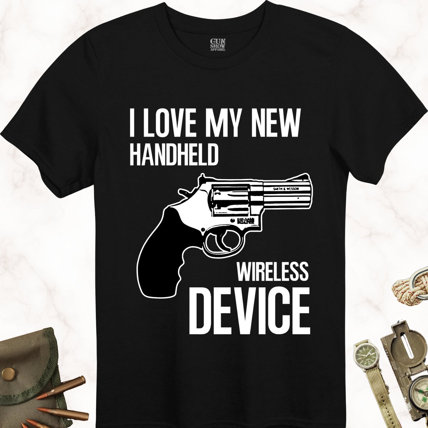 I Love My New Handheld Wireless Device .38 Special T-Shirt in color Black with white design from Gun Show Apparel