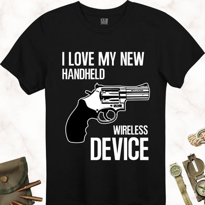 I Love My New Handheld Wireless Device .38 Special T-Shirt in color Black with white design from Gun Show Apparel