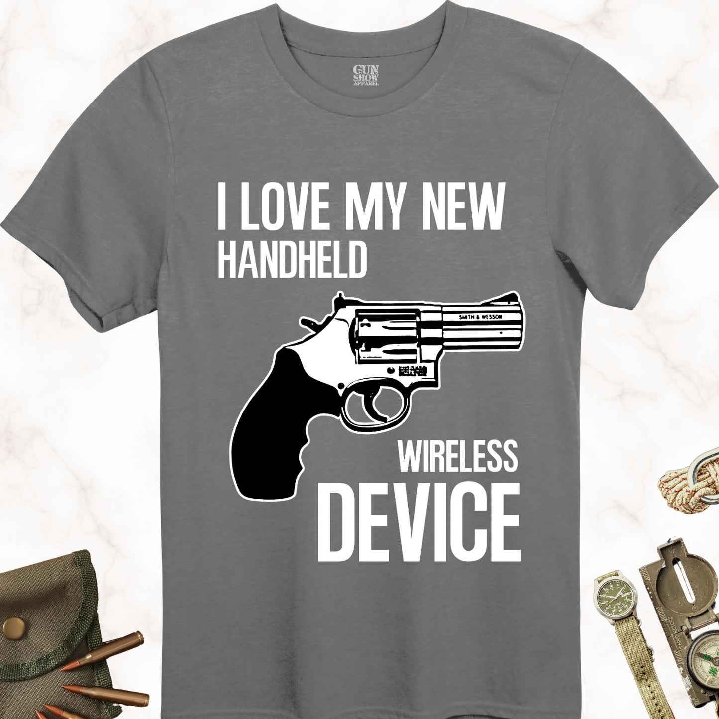 I Love My New Handheld Wireless Device .38 Special T-Shirt in color Charcoal with white design from Gun Show Apparel