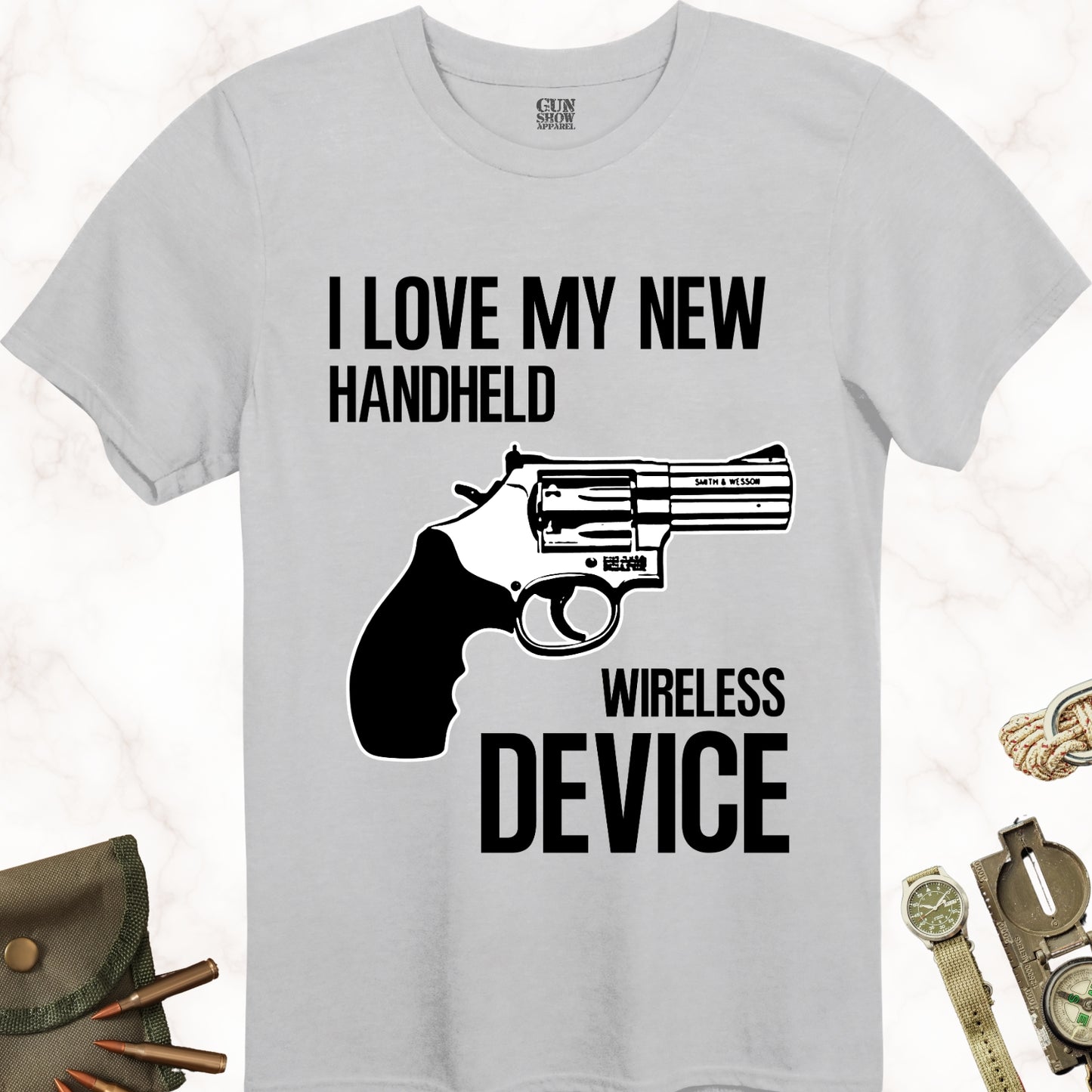 I Love My New Handheld Wireless Device .38 Special T-Shirt in color Icy Grey with black design from Gun Show Apparel