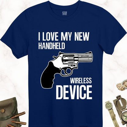 I Love My New Handheld Wireless Device .38 Special T-Shirt in color Navy with white design from Gun Show Apparel