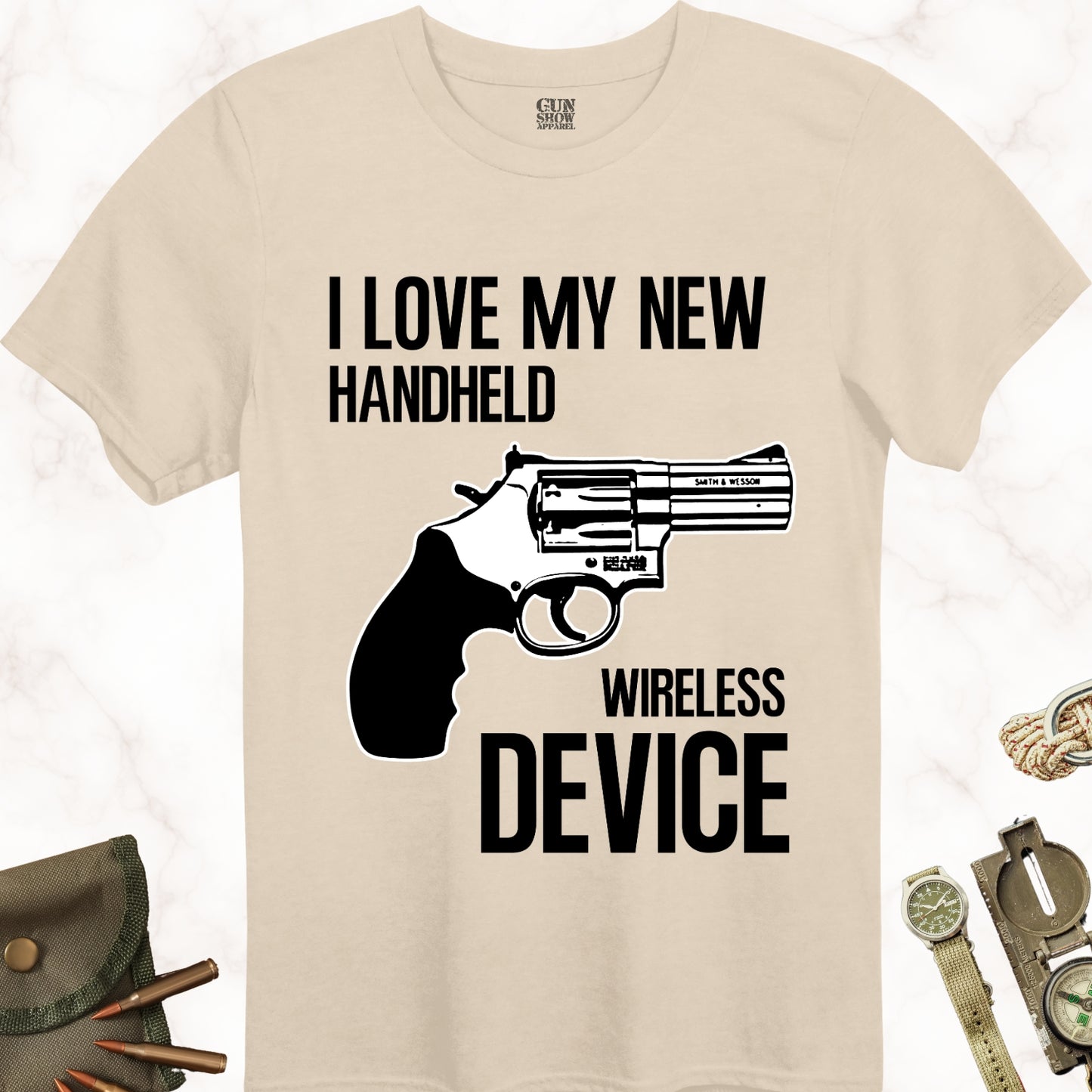 I Love My New Handheld Wireless Device .38 Special T-Shirt in color Sand with black design from Gun Show Apparel