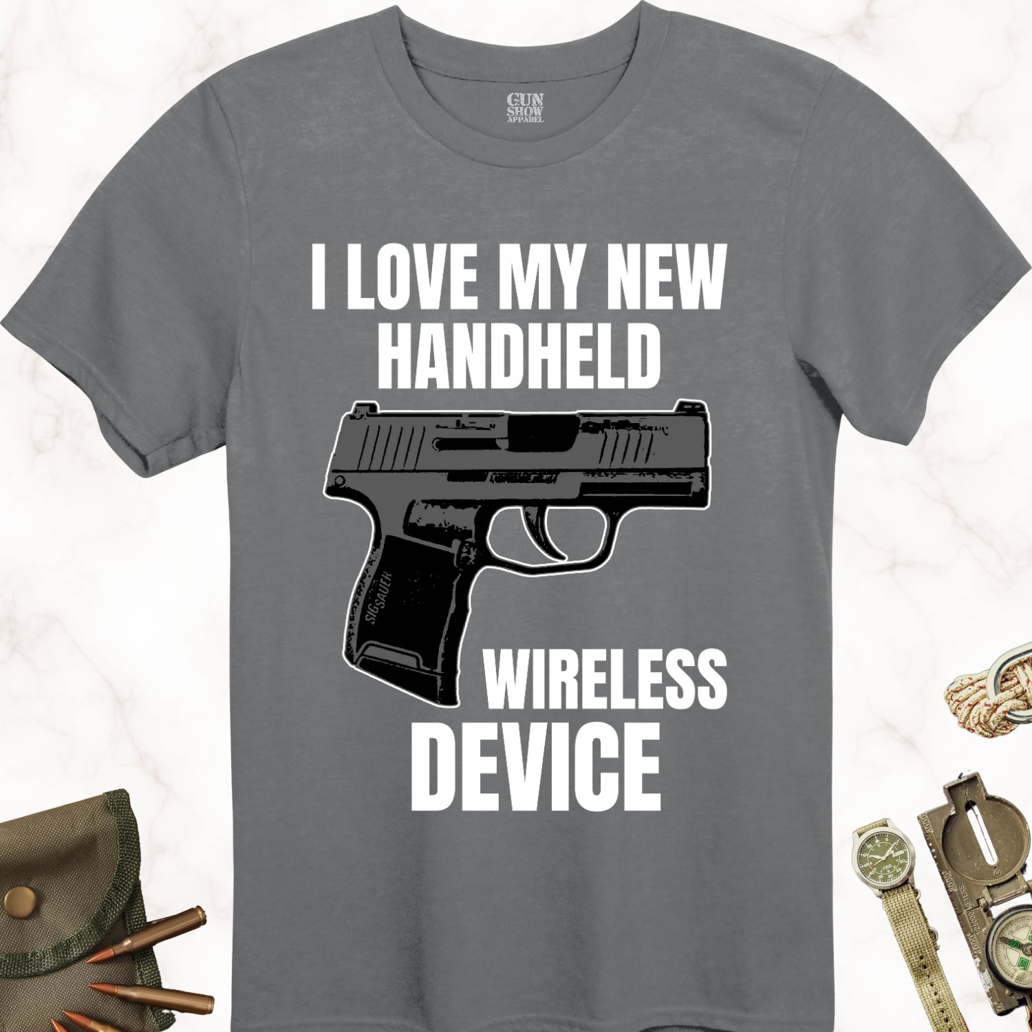 I Love My New Handheld Wireless Device Gun T-Shirt in Color Charcoal