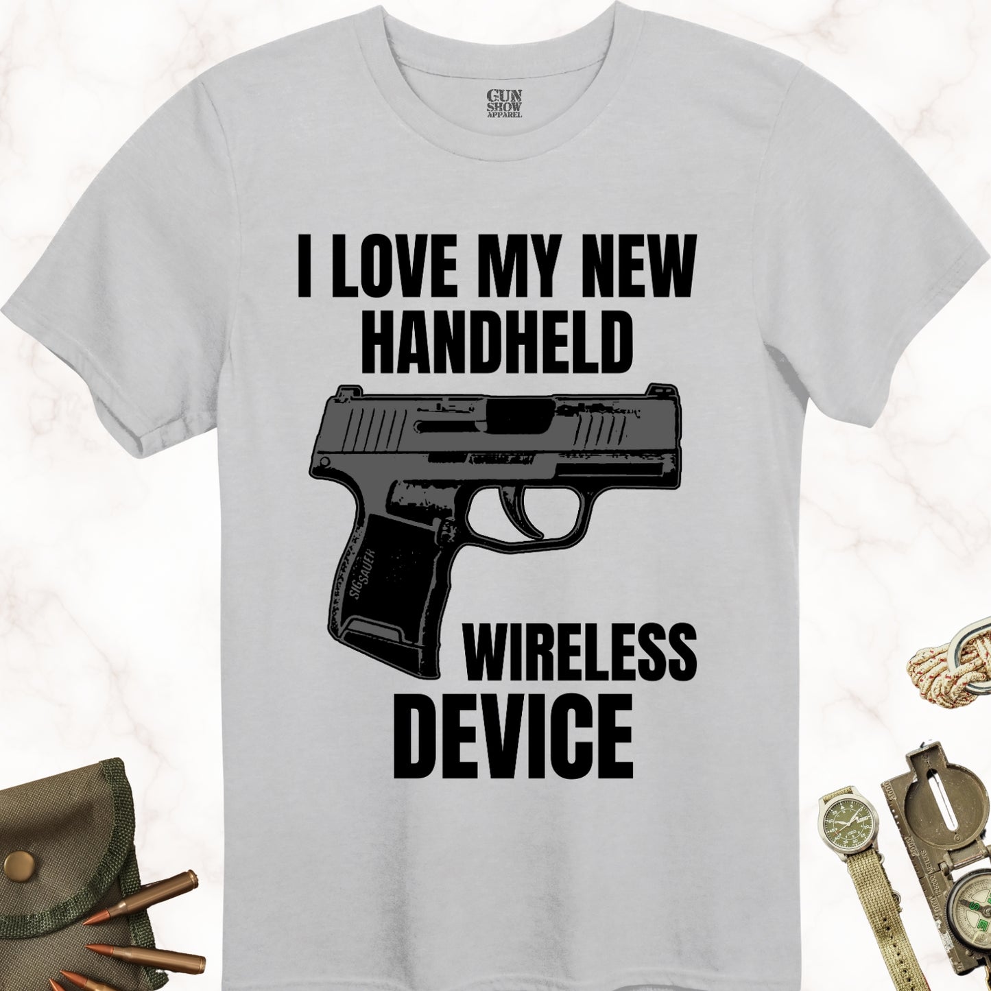 I Love My New Handheld Wireless Device Gun T-Shirt in Color Ice Grey