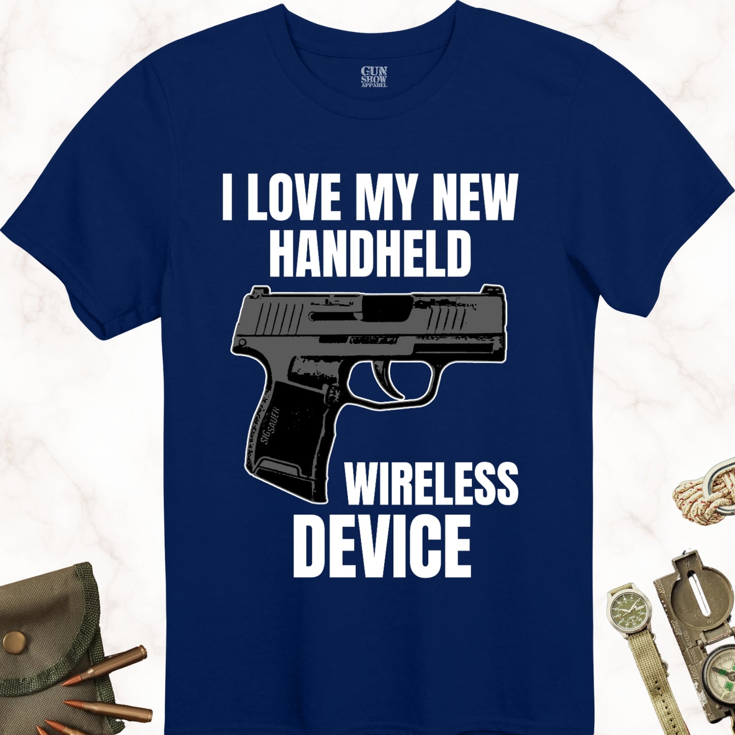 I Love My New Handheld Wireless Device Gun T-Shirt in Color Navy